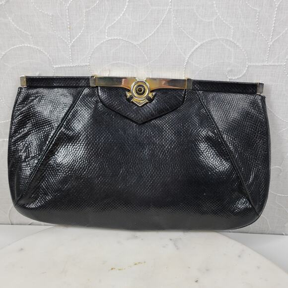 Vintage Judith Lieber Hinged Snakeskin Clutch Black Strap Art Deco Evening Bag - Picture 1 of 16